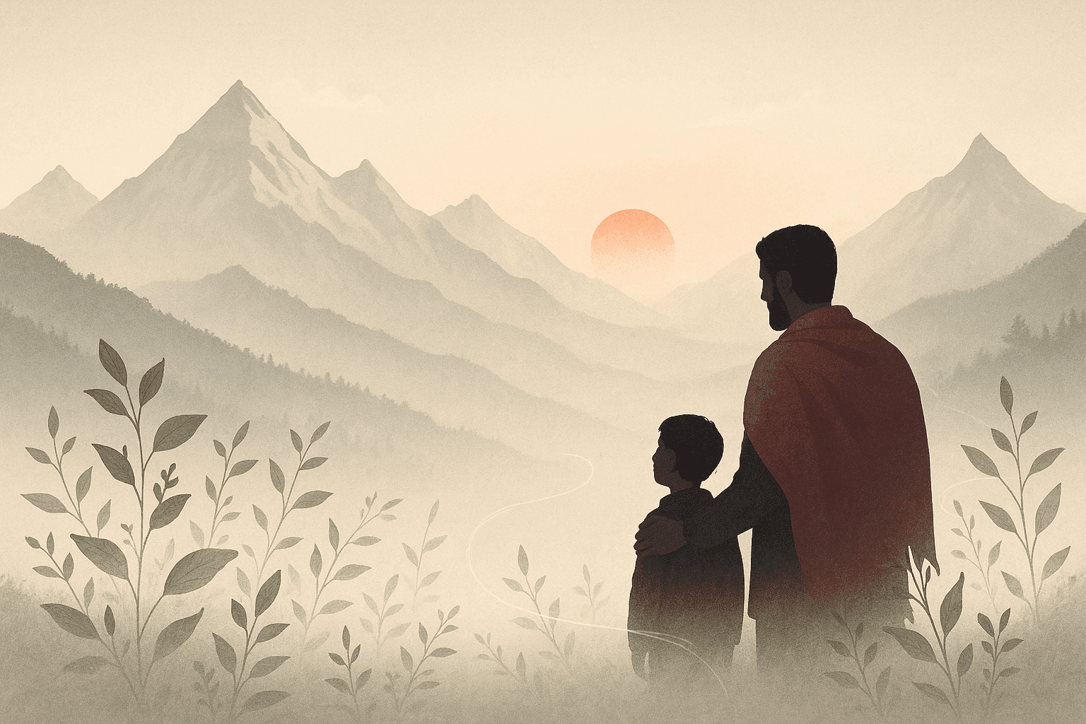 Father and son overlooking Himalayan mountains at sunset, representing the Shishodia family legacy