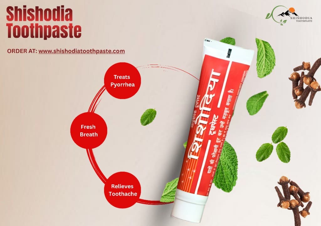 Shishodia Ayurvedic toothpaste promotional banner — herbal oral care benefits